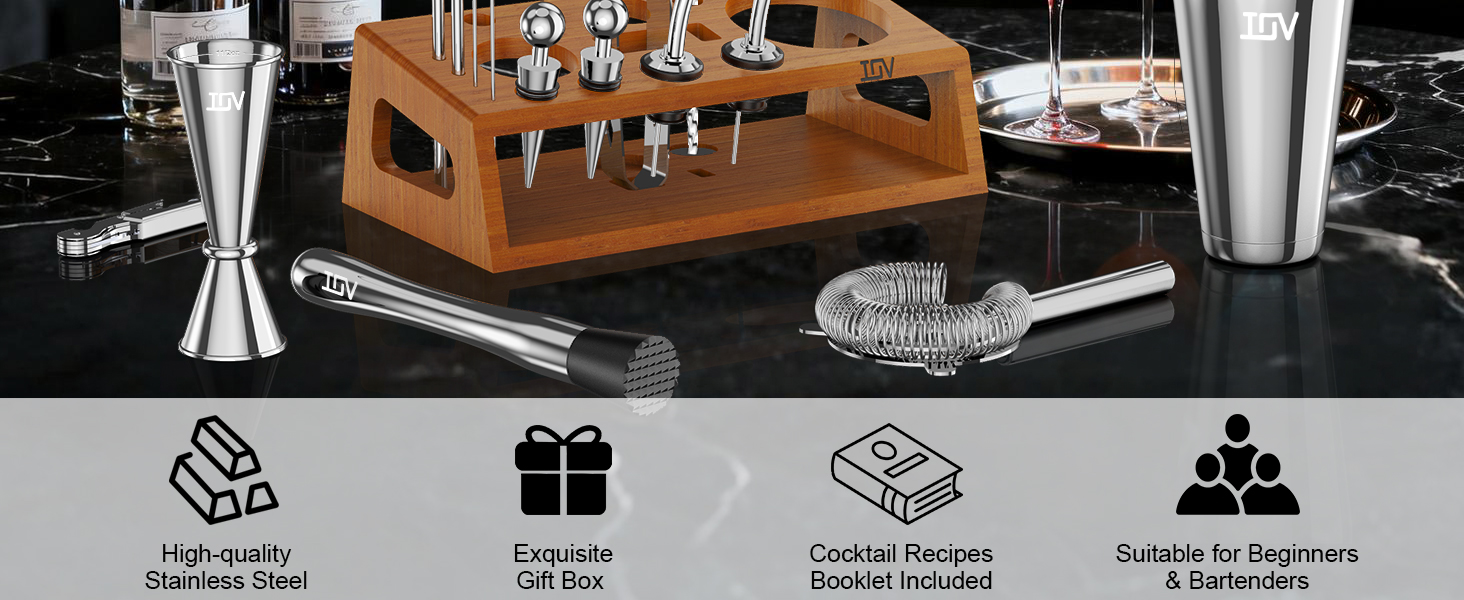 IOV Mixology Bartender Kit Bar Set with Stand | 17-Piece Cocktail Shaker Set | 28oz Boston Shaker Drink Mixer Set with All Essential Accessory Tools | Fun Housewarming Gift (Silver)