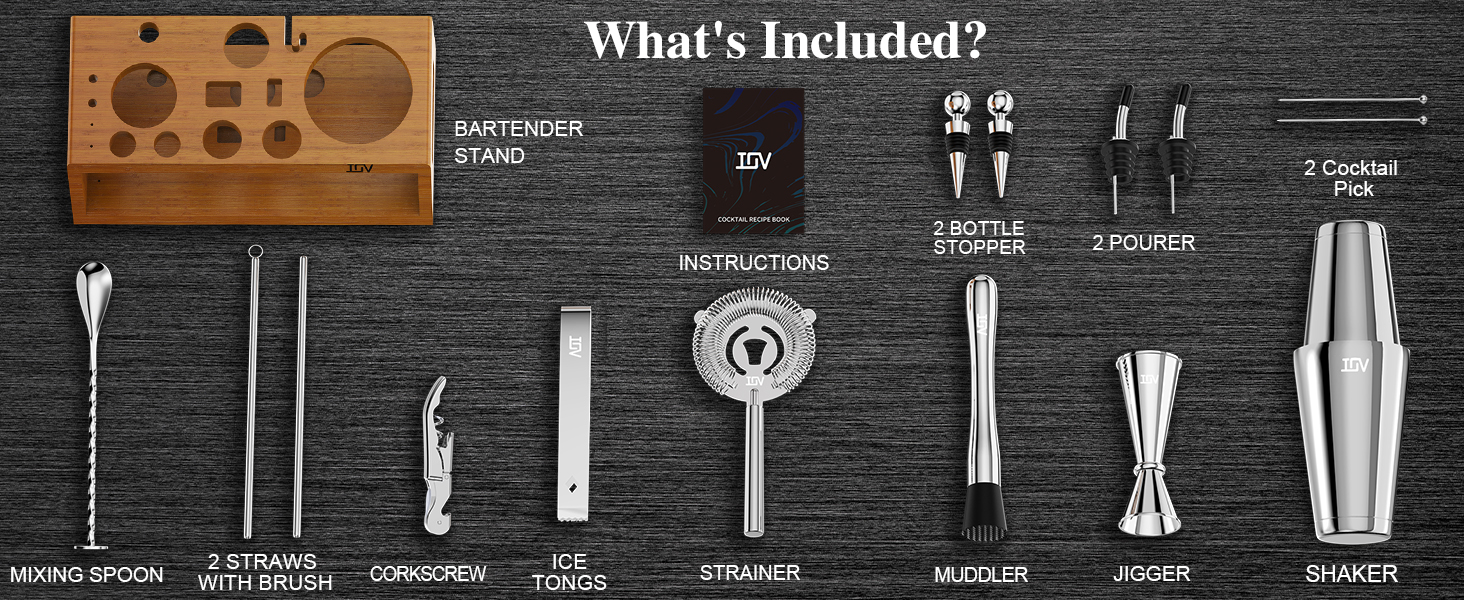 IOV Mixology Bartender Kit Bar Set with Stand | 17-Piece Cocktail Shaker Set | 28oz Boston Shaker Drink Mixer Set with All Essential Accessory Tools | Fun Housewarming Gift (Silver)