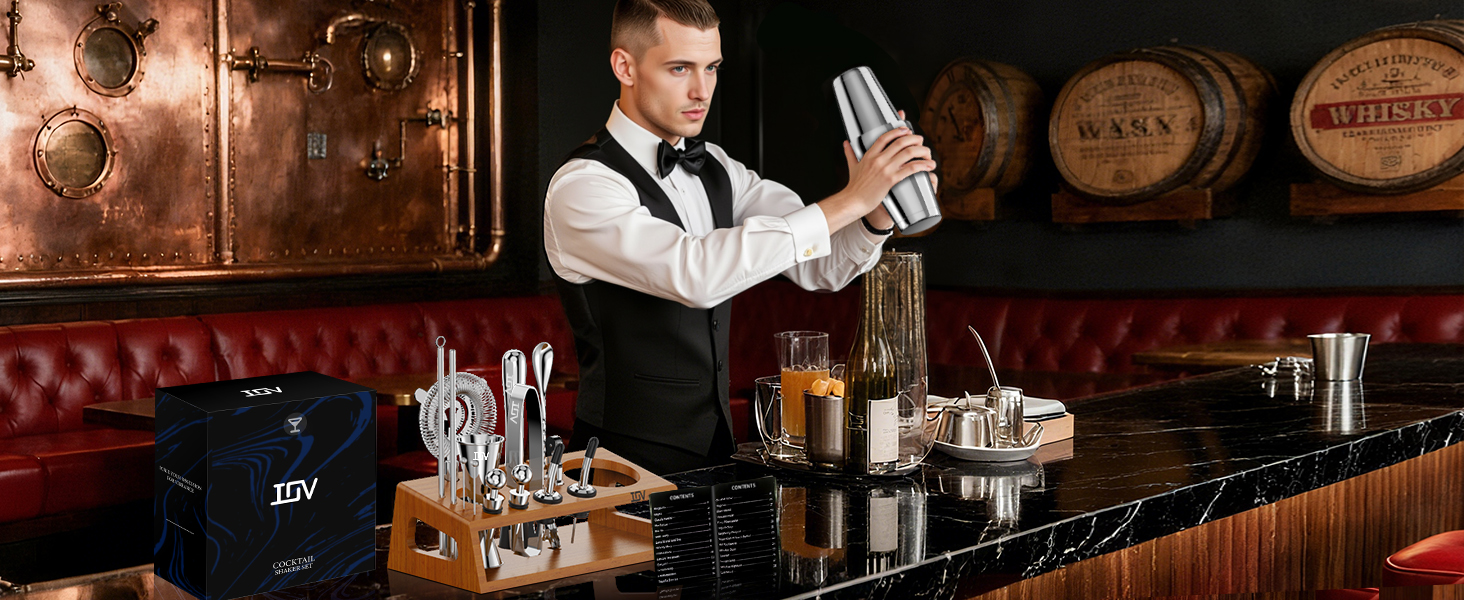 IOV Mixology Bartender Kit Bar Set with Stand | 17-Piece Cocktail Shaker Set | 28oz Boston Shaker Drink Mixer Set with All Essential Accessory Tools | Fun Housewarming Gift (Silver)