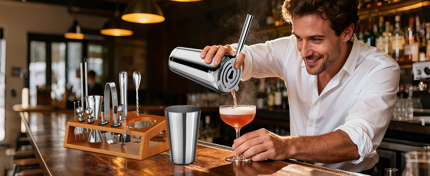 IOV Mixology Bartender Kit Bar Set with Stand | 17-Piece Cocktail Shaker Set | 28oz Boston Shaker Drink Mixer Set with All Essential Accessory Tools | Fun Housewarming Gift (Silver)