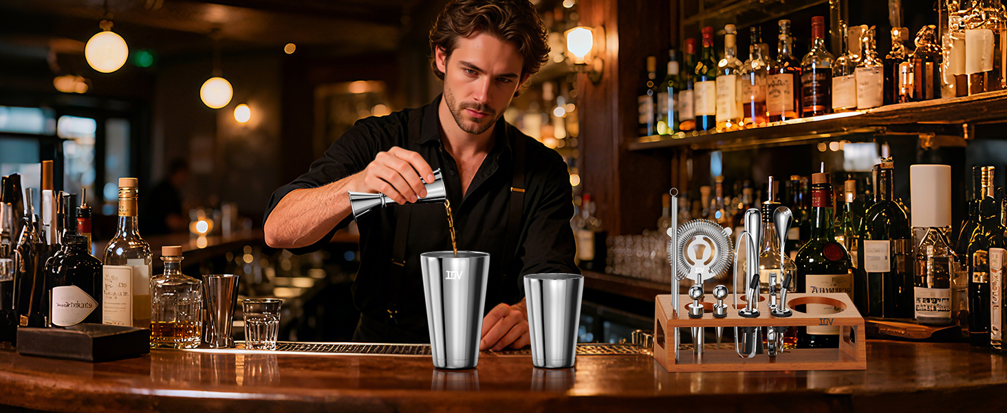 IOV Mixology Bartender Kit Bar Set with Stand | 17-Piece Cocktail Shaker Set | 28oz Boston Shaker Drink Mixer Set with All Essential Accessory Tools | Fun Housewarming Gift (Silver)