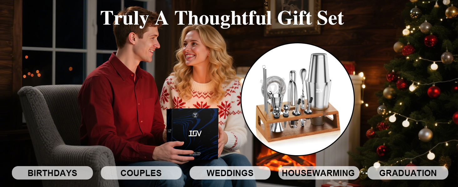 IOV Mixology Bartender Kit Bar Set with Stand | 17-Piece Cocktail Shaker Set | 28oz Boston Shaker Drink Mixer Set with All Essential Accessory Tools | Fun Housewarming Gift (Silver)