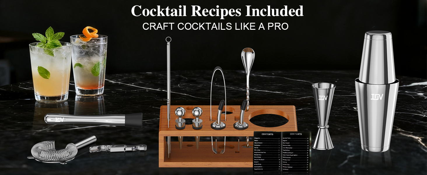 IOV Mixology Bartender Kit Bar Set with Stand | 17-Piece Cocktail Shaker Set | 28oz Boston Shaker Drink Mixer Set with All Essential Accessory Tools | Fun Housewarming Gift (Silver)