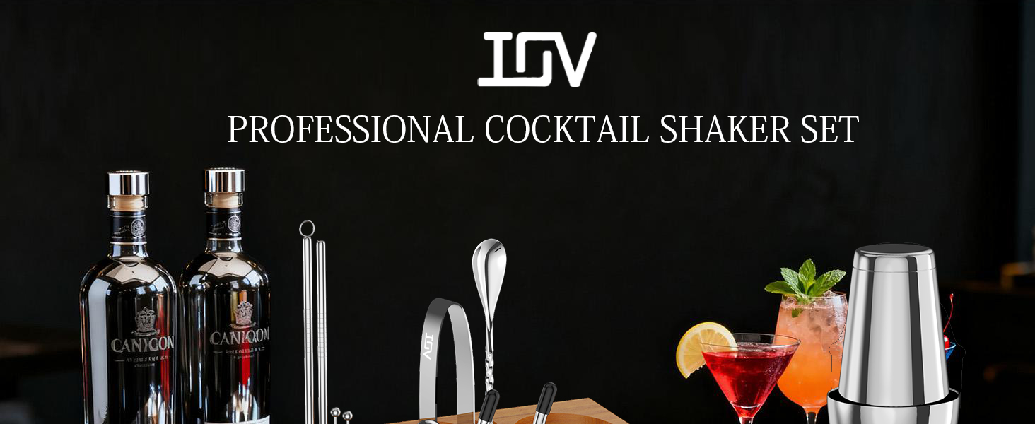 IOV Mixology Bartender Kit Bar Set with Stand | 17-Piece Cocktail Shaker Set | 28oz Boston Shaker Drink Mixer Set with All Essential Accessory Tools | Fun Housewarming Gift (Silver)