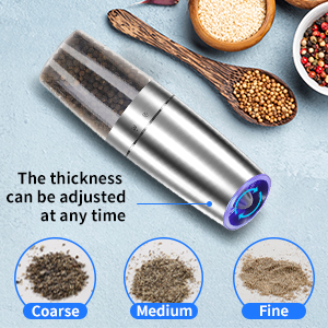 Gravity Electric Pepper and Salt Grinder Set, Adjustable Coarseness, Automatic Shakers Mill Grinder with LED Light, Battery Powered, Upgraded Larger Capacity, One Hand Operated (Sliver 2 Pack)