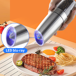 Gravity Electric Pepper and Salt Grinder Set, Adjustable Coarseness, Automatic Shakers Mill Grinder with LED Light, Battery Powered, Upgraded Larger Capacity, One Hand Operated (Sliver 2 Pack)