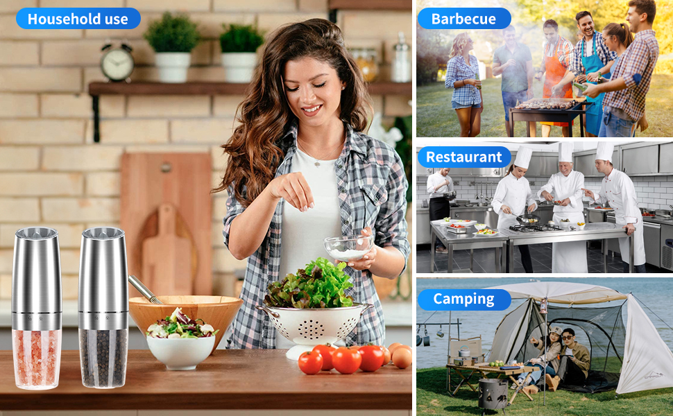 Gravity Electric Pepper and Salt Grinder Set, Adjustable Coarseness, Automatic Shakers Mill Grinder with LED Light, Battery Powered, Upgraded Larger Capacity, One Hand Operated (Sliver 2 Pack)