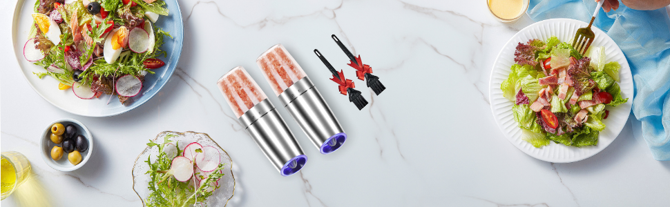 Gravity Electric Pepper and Salt Grinder Set, Adjustable Coarseness, Automatic Shakers Mill Grinder with LED Light, Battery Powered, Upgraded Larger Capacity, One Hand Operated (Sliver 2 Pack)