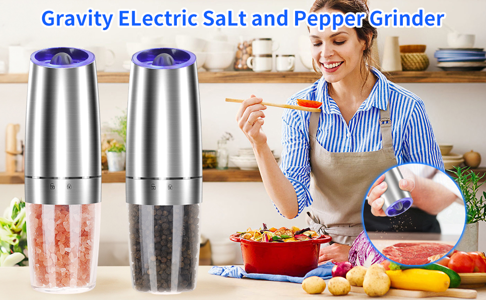 Gravity Electric Pepper and Salt Grinder Set, Adjustable Coarseness, Automatic Shakers Mill Grinder with LED Light, Battery Powered, Upgraded Larger Capacity, One Hand Operated (Sliver 2 Pack)