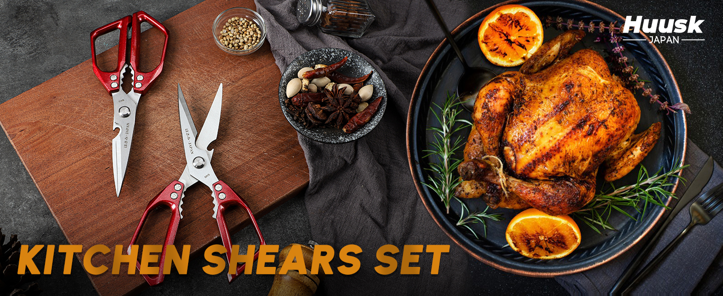 Huusk Kitchen Scissors Set Red - Japanese Kitchen Shears, Heavy Duty Poultry Shears, Sharp Meat Scissors for Food, Chicken Bones, and Turkey, Christmas Gifts for Women Men