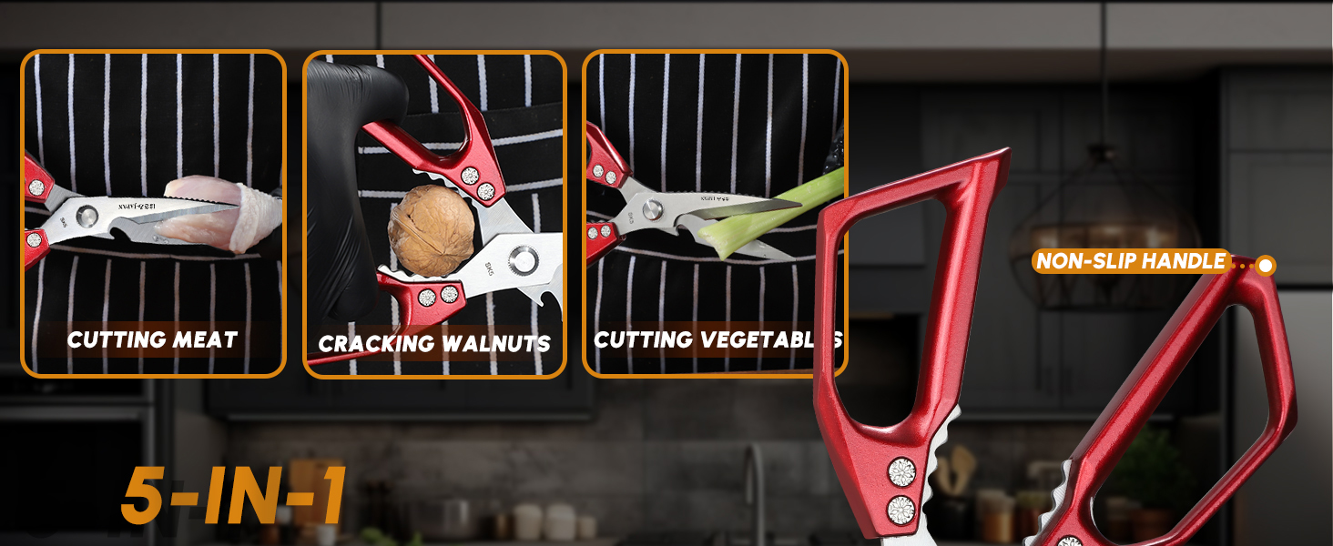 Huusk Kitchen Scissors Set Red - Japanese Kitchen Shears, Heavy Duty Poultry Shears, Sharp Meat Scissors for Food, Chicken Bones, and Turkey, Christmas Gifts for Women Men