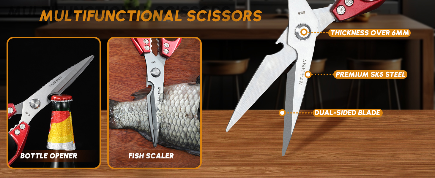 Huusk Kitchen Scissors Set Red - Japanese Kitchen Shears, Heavy Duty Poultry Shears, Sharp Meat Scissors for Food, Chicken Bones, and Turkey, Christmas Gifts for Women Men