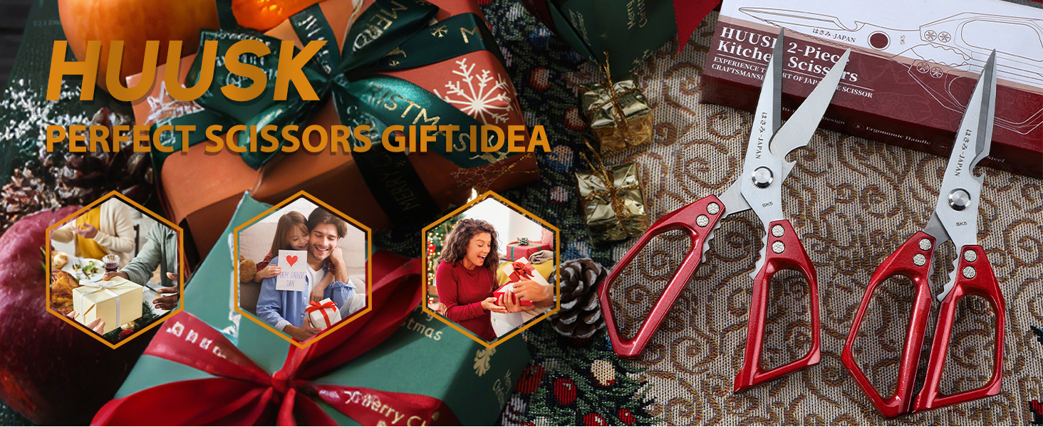 Huusk Kitchen Scissors Set Red - Japanese Kitchen Shears, Heavy Duty Poultry Shears, Sharp Meat Scissors for Food, Chicken Bones, and Turkey, Christmas Gifts for Women Men