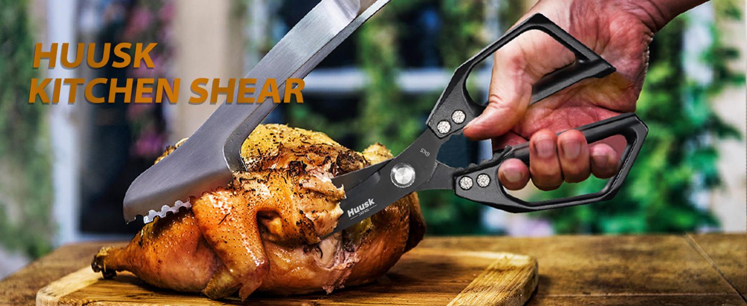 HUUSK Kitchen Scissors for Food - Stainless Steel Kitchen Shears, Sharp Black Meat Scissors Dishwasher Safe, Heavy Duty Poultry Shears, Japanese Cooking Scissor for Chicken, Christmas Gifts for Men