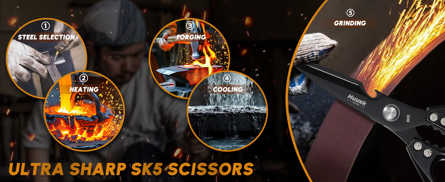 HUUSK Kitchen Scissors for Food - Stainless Steel Kitchen Shears, Sharp Black Meat Scissors Dishwasher Safe, Heavy Duty Poultry Shears, Japanese Cooking Scissor for Chicken, Christmas Gifts for Men