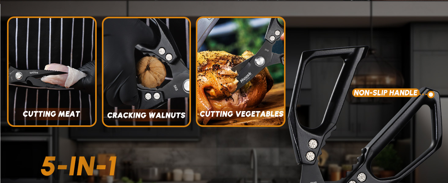 HUUSK Kitchen Scissors for Food - Stainless Steel Kitchen Shears, Sharp Black Meat Scissors Dishwasher Safe, Heavy Duty Poultry Shears, Japanese Cooking Scissor for Chicken, Christmas Gifts for Men