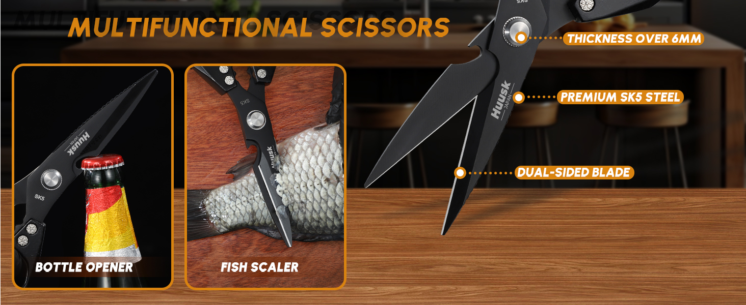 HUUSK Kitchen Scissors for Food - Stainless Steel Kitchen Shears, Sharp Black Meat Scissors Dishwasher Safe, Heavy Duty Poultry Shears, Japanese Cooking Scissor for Chicken, Christmas Gifts for Men