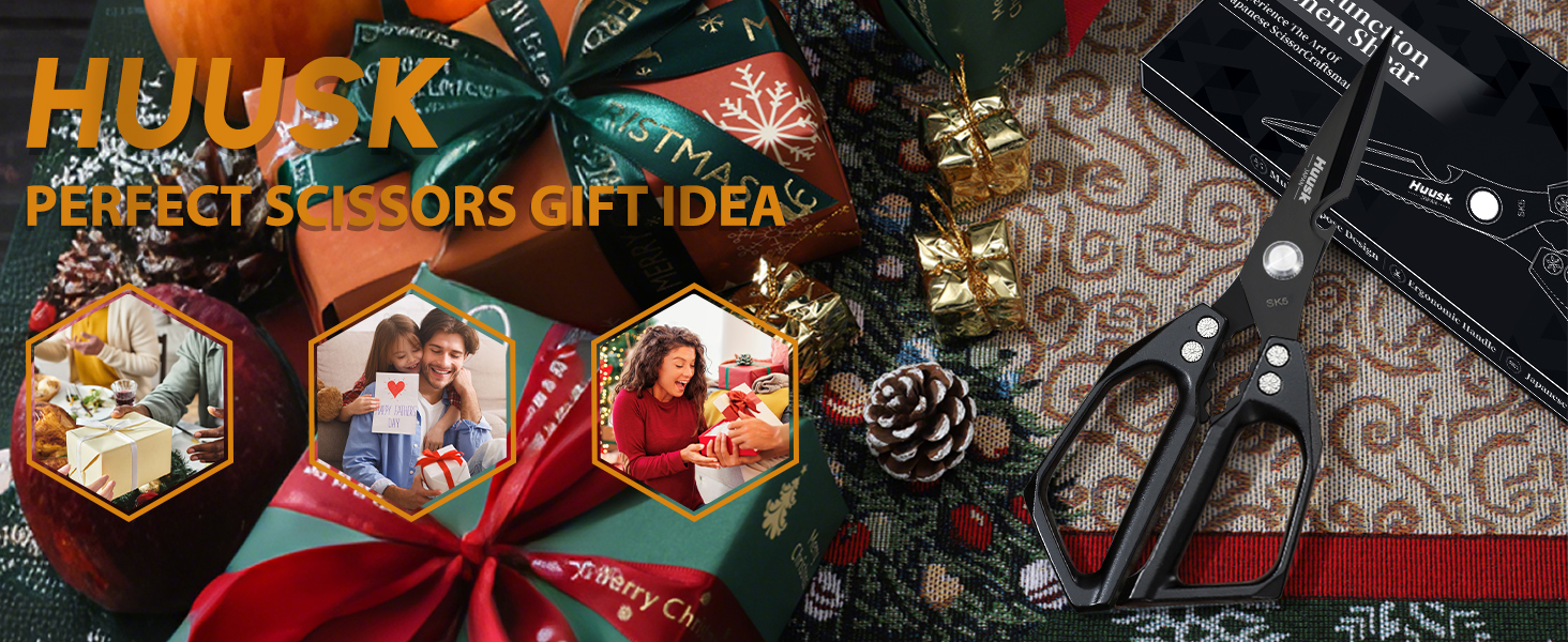 HUUSK Kitchen Scissors for Food - Stainless Steel Kitchen Shears, Sharp Black Meat Scissors Dishwasher Safe, Heavy Duty Poultry Shears, Japanese Cooking Scissor for Chicken, Christmas Gifts for Men