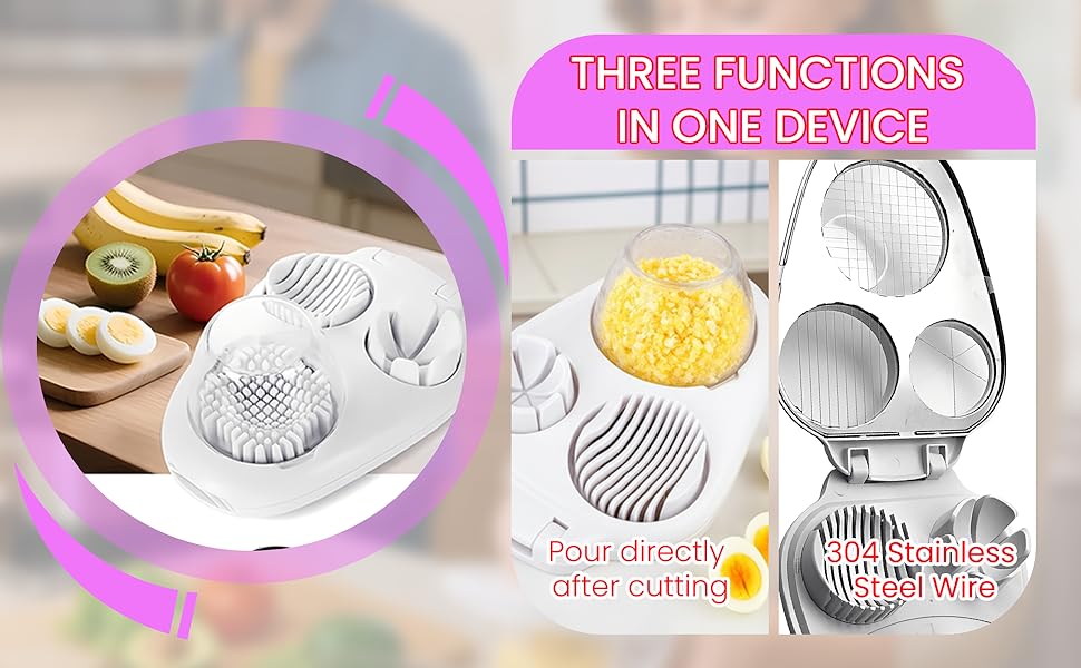 3 In 1 Egg Slicer, Stainless Steel Multipurpose Egg Cutter, 3 Way Egg Dicer for Hard Boiled Eggs, Grape and Tomato Chopper for Strawberry, Salad, Fruit and Vegetable (Yellow)