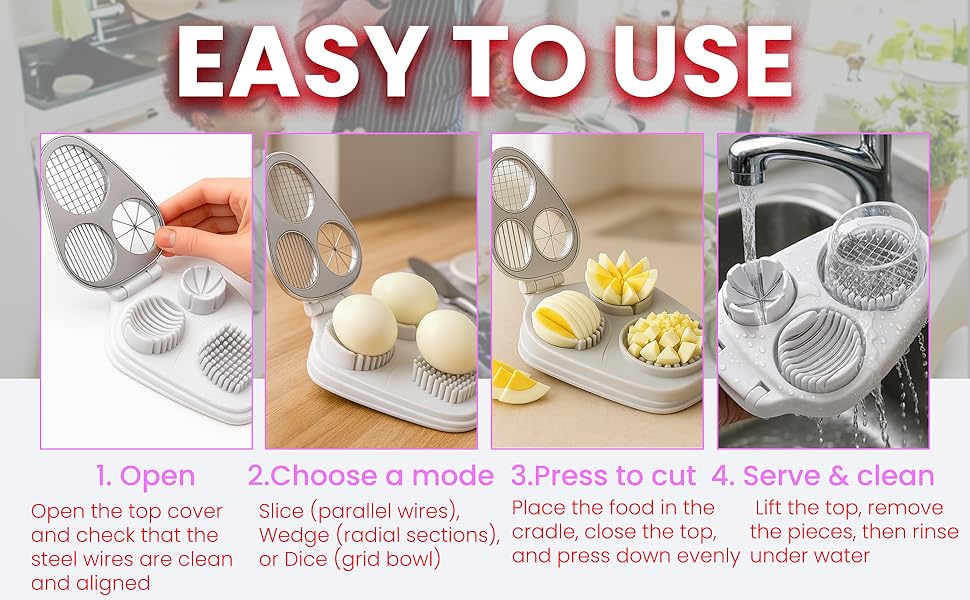 3 In 1 Egg Slicer, Stainless Steel Multipurpose Egg Cutter, 3 Way Egg Dicer for Hard Boiled Eggs, Grape and Tomato Chopper for Strawberry, Salad, Fruit and Vegetable (Yellow)
