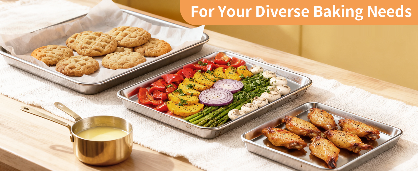 Baking Sheet Set of 3, Stainless Steel Cookie Sheets Baking Sheet Pan, 10.5/12.4/16 Inch, Thicker and Firmer Baking Pans Set, Non-stick, Non toxic & Heavy Duty & Easy Clean，Dishwasher Safe