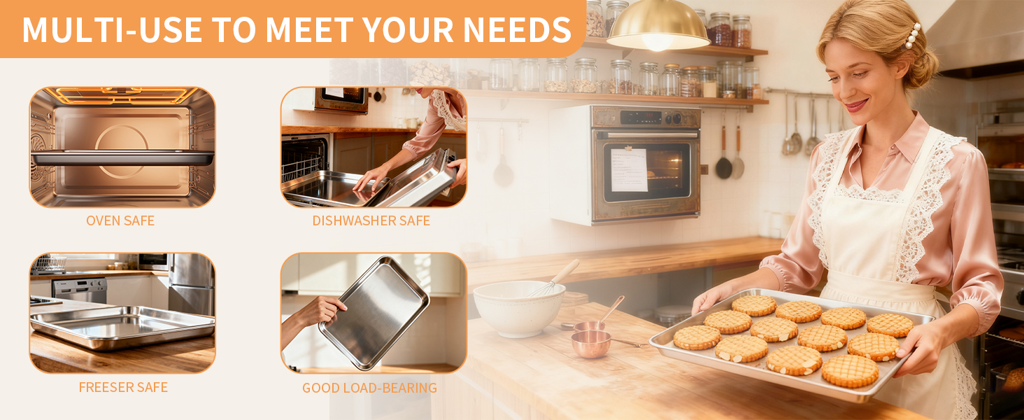 Baking Sheet Set of 3, Stainless Steel Cookie Sheets Baking Sheet Pan, 10.5/12.4/16 Inch, Thicker and Firmer Baking Pans Set, Non-stick, Non toxic & Heavy Duty & Easy Clean，Dishwasher Safe