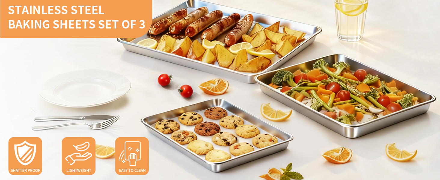 Baking Sheet Set of 3, Stainless Steel Cookie Sheets Baking Sheet Pan, 10.5/12.4/16 Inch, Thicker and Firmer Baking Pans Set, Non-stick, Non toxic & Heavy Duty & Easy Clean，Dishwasher Safe