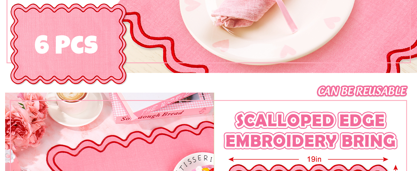 Whaline Pink Red Placemats Embroidered Scalloped Kitchen Place Mats for Wedding Baby Shower Party Home Dining Table Decor, Set of 6, 13 x 19 in