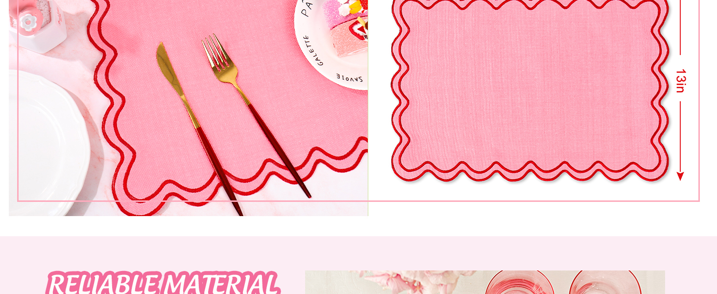 Whaline Pink Red Placemats Embroidered Scalloped Kitchen Place Mats for Wedding Baby Shower Party Home Dining Table Decor, Set of 6, 13 x 19 in