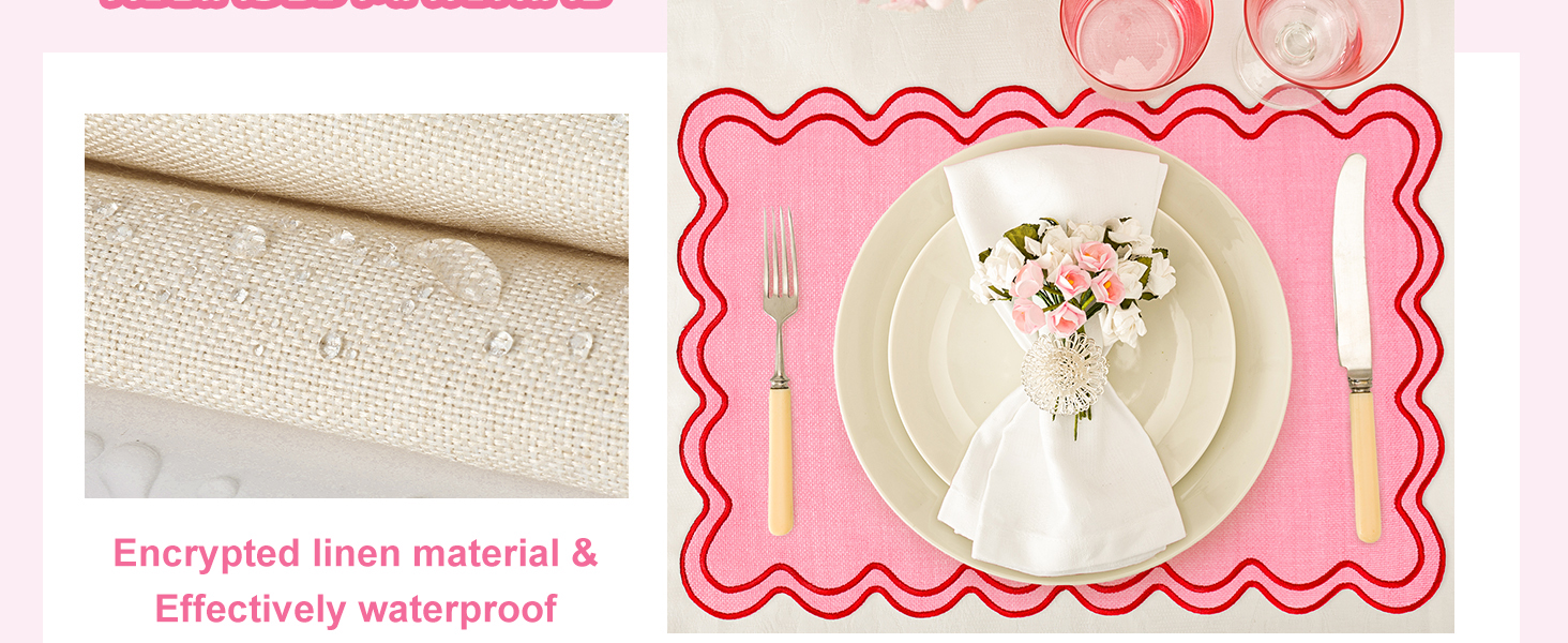 Whaline Pink Red Placemats Embroidered Scalloped Kitchen Place Mats for Wedding Baby Shower Party Home Dining Table Decor, Set of 6, 13 x 19 in