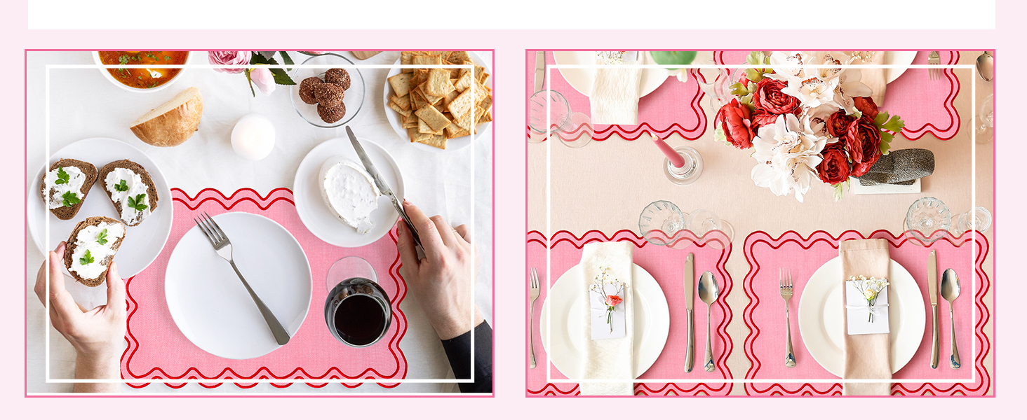 Whaline Pink Red Placemats Embroidered Scalloped Kitchen Place Mats for Wedding Baby Shower Party Home Dining Table Decor, Set of 6, 13 x 19 in