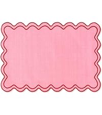 Whaline Pink Red Placemats Embroidered Scalloped Kitchen Place Mats for Wedding Baby Shower Party Home Dining Table Decor, Set of 6, 13 x 19 in