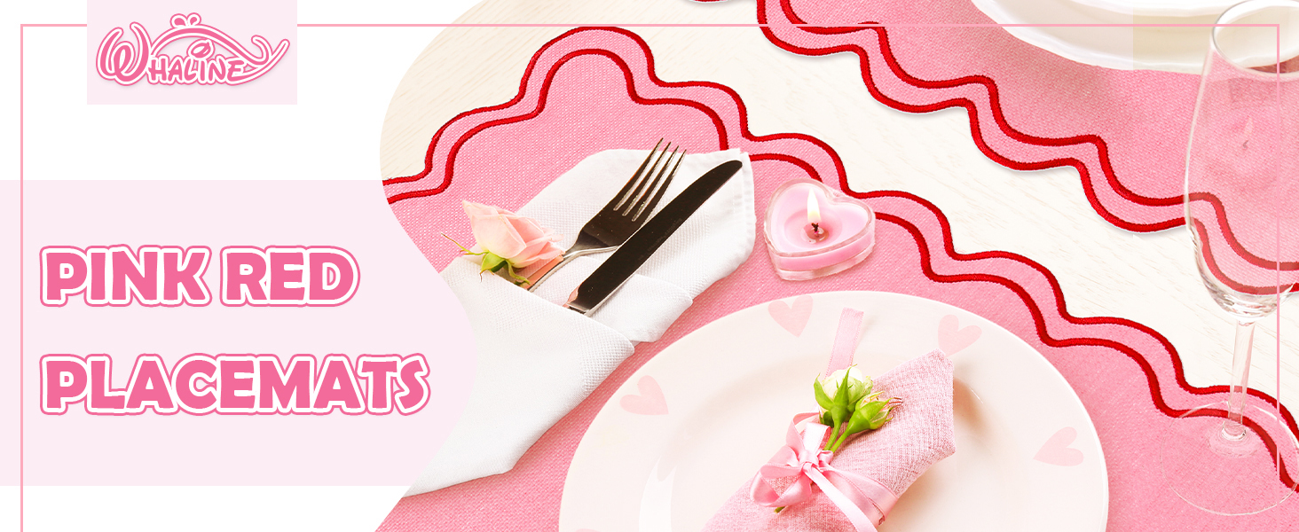 Whaline Pink Red Placemats Embroidered Scalloped Kitchen Place Mats for Wedding Baby Shower Party Home Dining Table Decor, Set of 6, 13 x 19 in