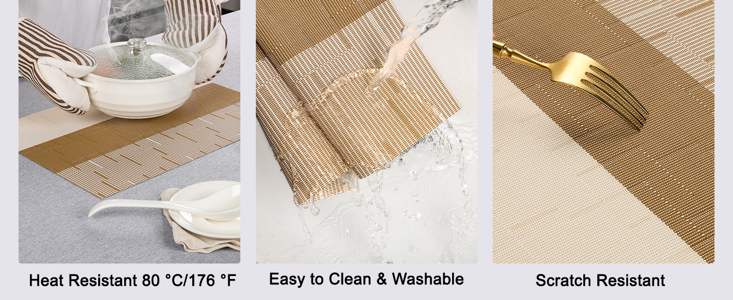 Placemats Set of 6, Vinyl Woven Place Mats Indoor Set of 6 Washable Wipeable PVC Table Mats Heat-Resistant Non Slip Placemat for Kitchen Dining Outdoor Table (Beige Light Brown, Set of 6)