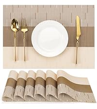 Placemats Set of 6, Vinyl Woven Place Mats Indoor Set of 6 Washable Wipeable PVC Table Mats Heat-Resistant Non Slip Placemat for Kitchen Dining Outdoor Table (Beige Light Brown, Set of 6)