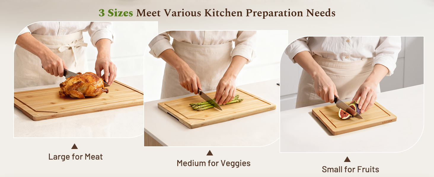 Kikcoin Bamboo Cutting Boards for Kitchen, 3 Piece Wood Cutting Board Set with Stand and Non-slip Feet, Knife Friendly Chopping Board with Juice Grooves, Serving Tray with Built-in Handles
