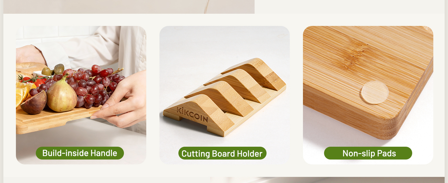 Kikcoin Bamboo Cutting Boards for Kitchen, 3 Piece Wood Cutting Board Set with Stand and Non-slip Feet, Knife Friendly Chopping Board with Juice Grooves, Serving Tray with Built-in Handles