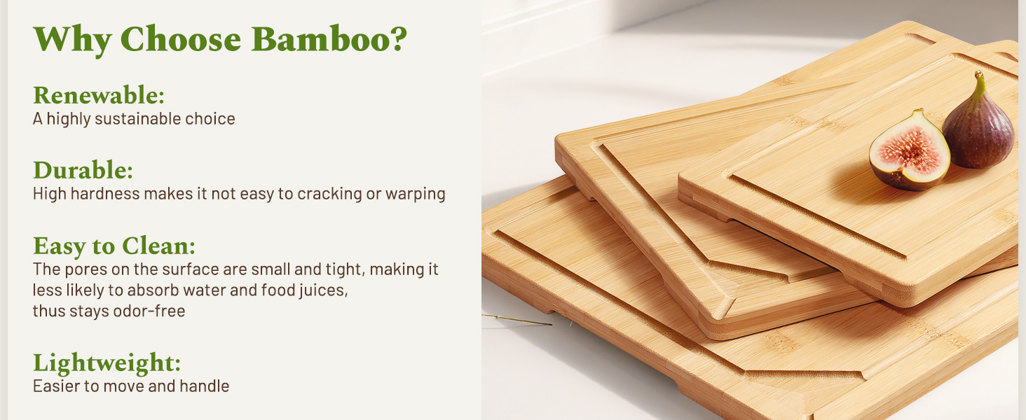 Kikcoin Bamboo Cutting Boards for Kitchen, 3 Piece Wood Cutting Board Set with Stand and Non-slip Feet, Knife Friendly Chopping Board with Juice Grooves, Serving Tray with Built-in Handles