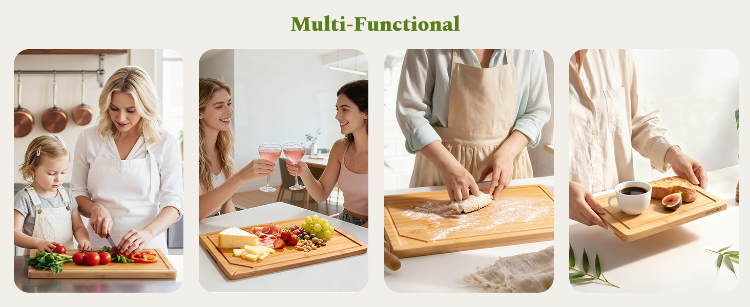 Kikcoin Bamboo Cutting Boards for Kitchen, 3 Piece Wood Cutting Board Set with Stand and Non-slip Feet, Knife Friendly Chopping Board with Juice Grooves, Serving Tray with Built-in Handles