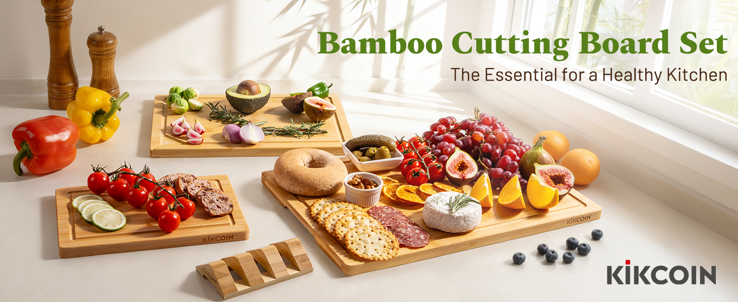 Kikcoin Bamboo Cutting Boards for Kitchen, 3 Piece Wood Cutting Board Set with Stand and Non-slip Feet, Knife Friendly Chopping Board with Juice Grooves, Serving Tray with Built-in Handles