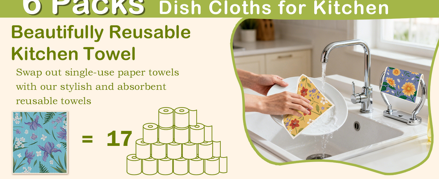 6 Packs Swedish Paper Cloths for Kitchen, Reusable Paper Towels Washable Dish Rags, Highly Absorbent Kitchen Towels Quick Drying Swedish Sponge Cleaning Dish Cloths (Lily Floral)