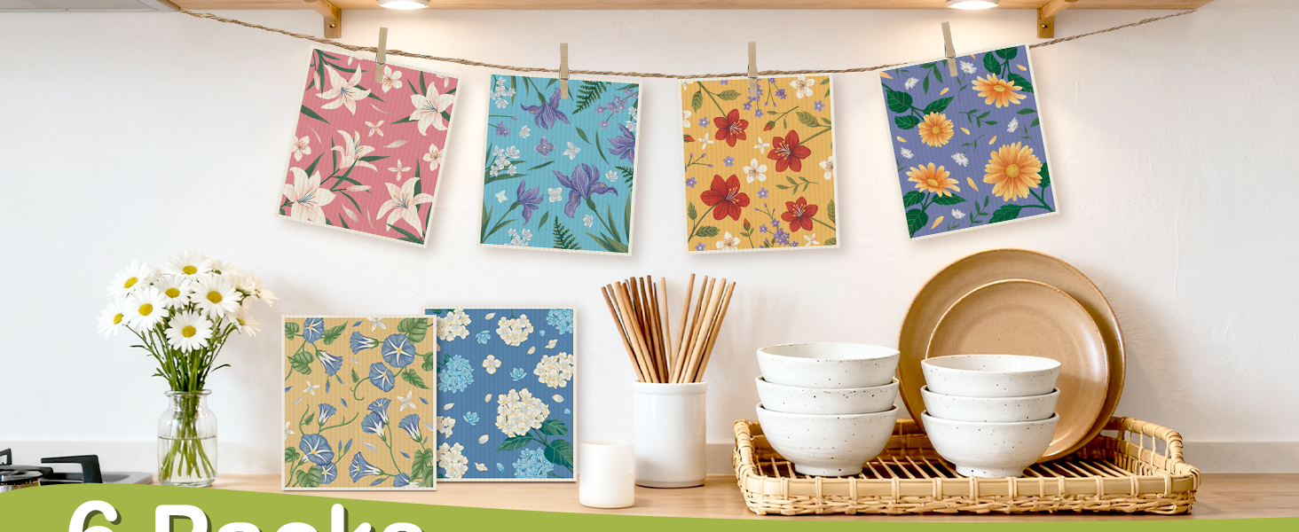 6 Packs Swedish Paper Cloths for Kitchen, Reusable Paper Towels Washable Dish Rags, Highly Absorbent Kitchen Towels Quick Drying Swedish Sponge Cleaning Dish Cloths (Lily Floral)