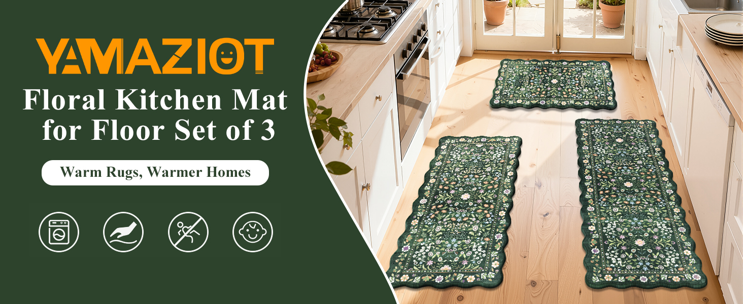 Yamaziot Anti Fatigue Kitchen Rugs Set of 3 - Boho Non Slip Waterproof Kitchen Mats for Floor, Boho Runner Rug for Kitchen Floor, Laundry, Office, 17.3
