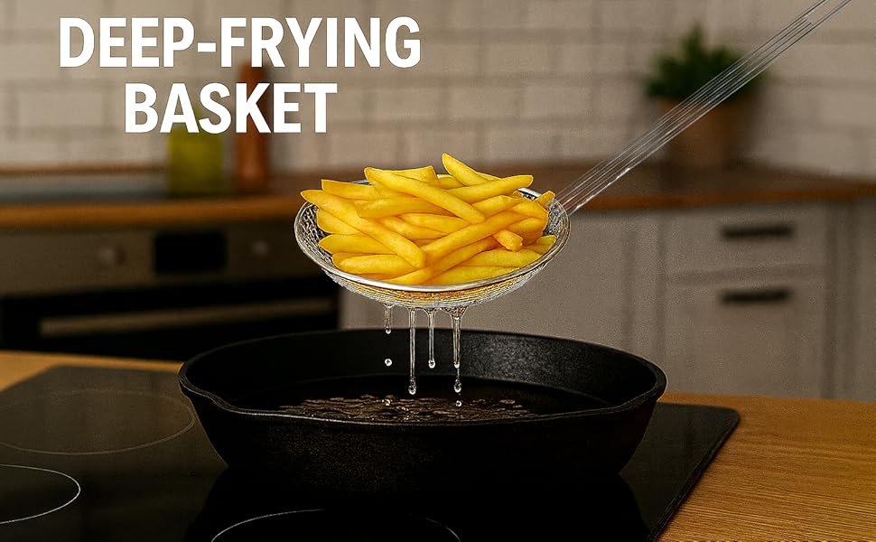 2PCS Fryer Scoop Skimmer Spoon Strainer Spoon Kitchen Spider Frying Spoon Strainer and Utensil for Deep Fryer with Basket, Deep Fryer Cooking, Wok Fry Ladle Spoons with Handle, Asian Spatula Utensils