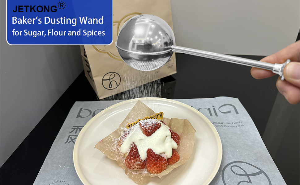 JETKONG Large Flour Duster for Baking, One-Handed Operation Sugar Sifter, 304 Stainless Steel Dusting Wand, Flour Sprinkler for Bread Baking (Large, Silver)