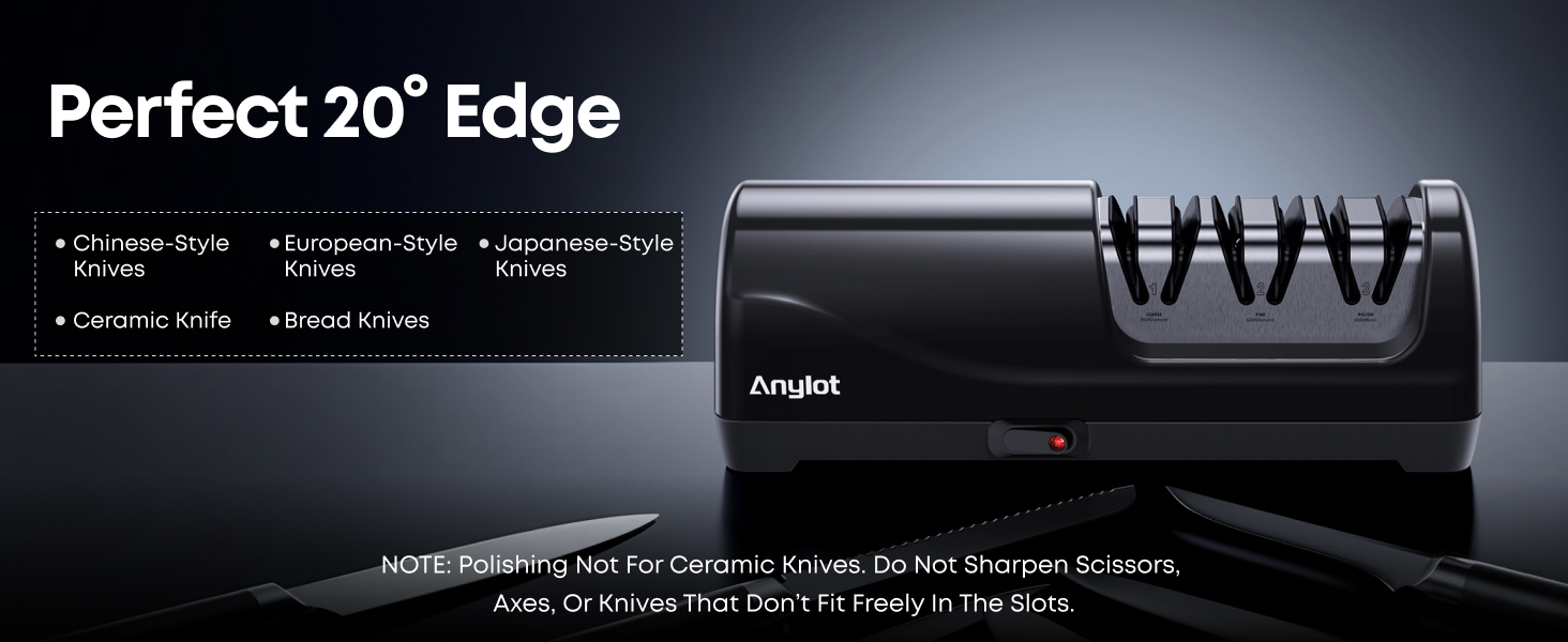 Electric Knife Sharpener for Kitchen, 3-Stage Knife Sharpener Electric with 100% Diamond Abrasives, 20° Precision Angle Guide, Fast & Safe Sharpening for Chef Knives, Home Use & Beginners (Black)