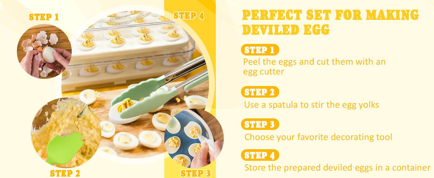 Easter Deviled Egg Containers with Lid & Handle (2 Layer Snap-on) PET Thickened Eggs Holder Inc Egg Slicer Kitchen Tongs Silicone Spatula and Piping Decorating Kit