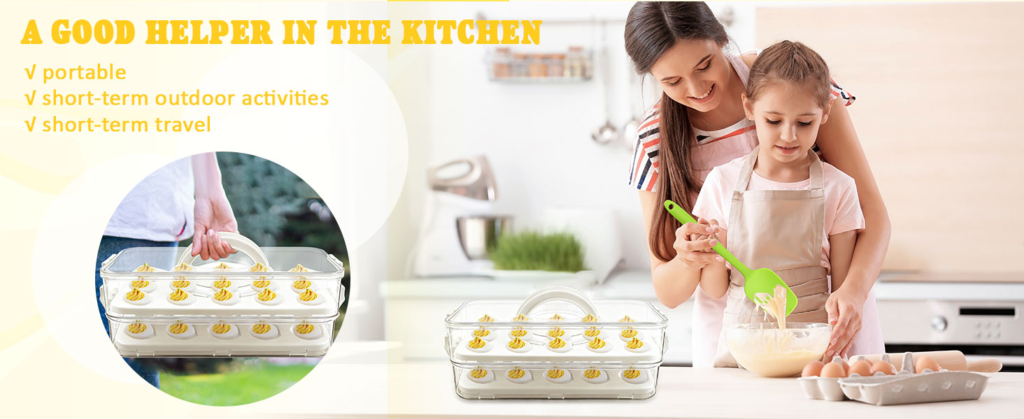 Easter Deviled Egg Containers with Lid & Handle (2 Layer Snap-on) PET Thickened Eggs Holder Inc Egg Slicer Kitchen Tongs Silicone Spatula and Piping Decorating Kit