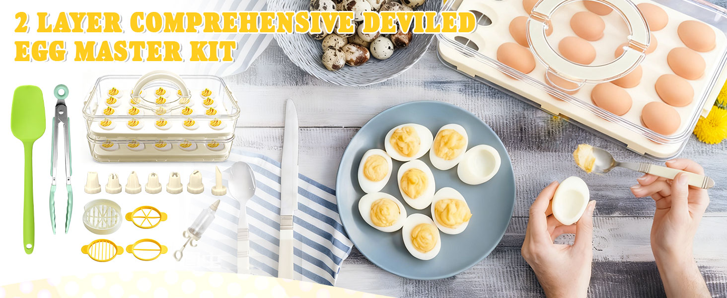 Easter Deviled Egg Containers with Lid & Handle (2 Layer Snap-on) PET Thickened Eggs Holder Inc Egg Slicer Kitchen Tongs Silicone Spatula and Piping Decorating Kit