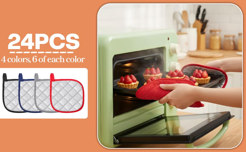 SHENLIU 24 Pcs Cotton Pot Holders for Kitchen, 7 x 7 Inches Heat Resistant Potholders Bulk Hot Pads 4 Colors Washable with Hanging Loops for Cooking Baking Black Gray Blue Red